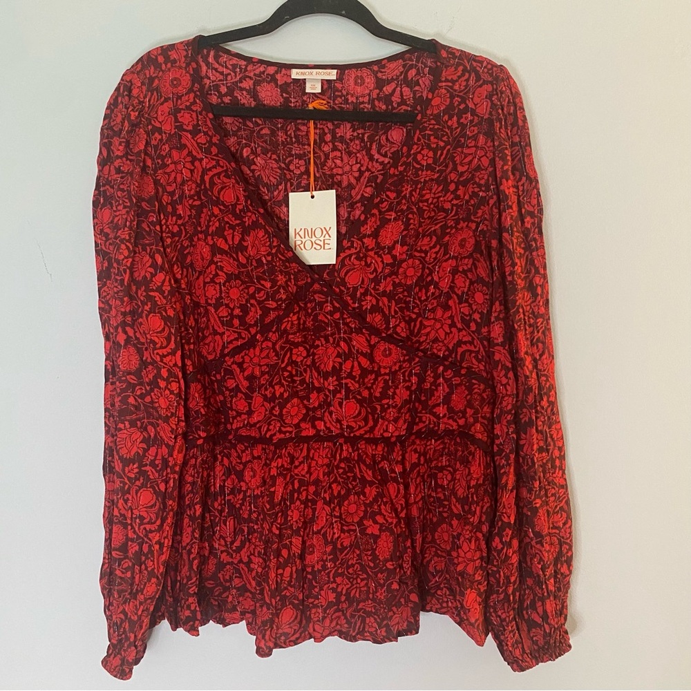 Knox Rose Red Floral Peplum Blouse Long Sleeve Balloon Size XXL